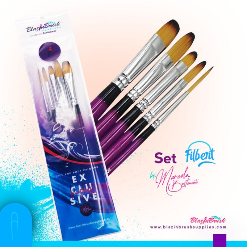 Blazin Face Painting Brushes by Marcela Bustamante – Filbert Collection – Set of 4 Filbert Brushes and 1 Liner #3  Xl