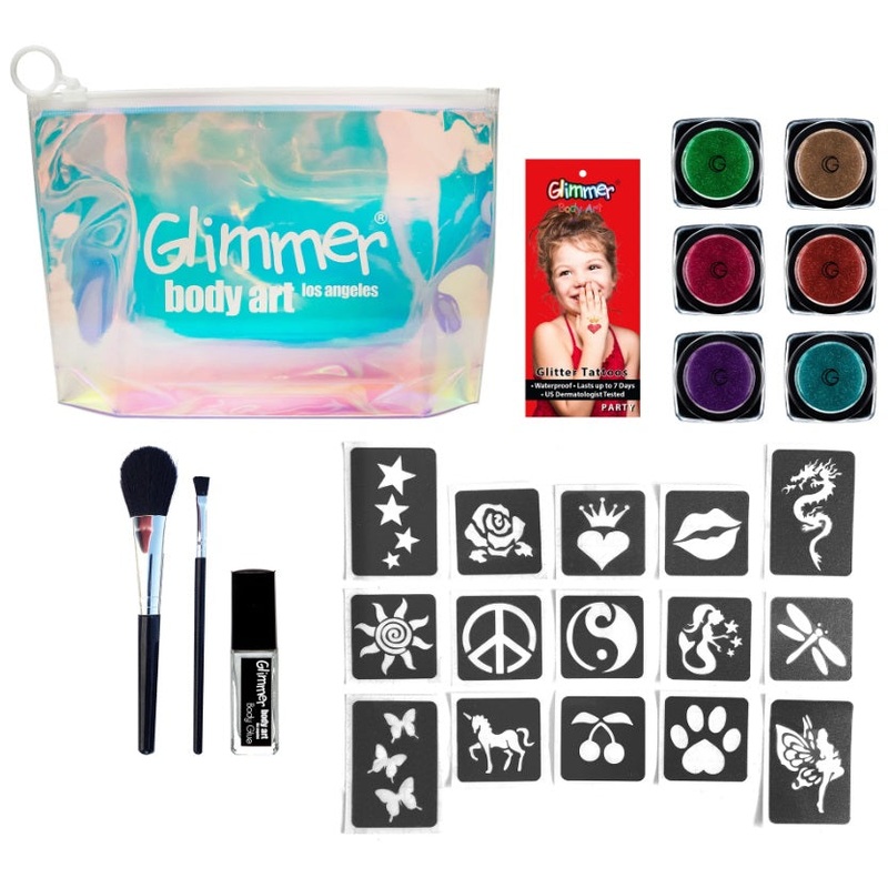 Glimmer Body Art | PARTY Glitter Tattoo Kit with 15 Stencils (Varying Colors of Glitter)