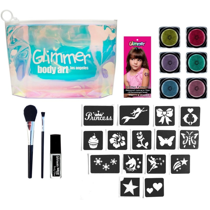 Glimmer Body Art | PRETTY AND SPARKLY Glitter Tattoo Kit with 15 Stencils (Varying Colors of Glitter)