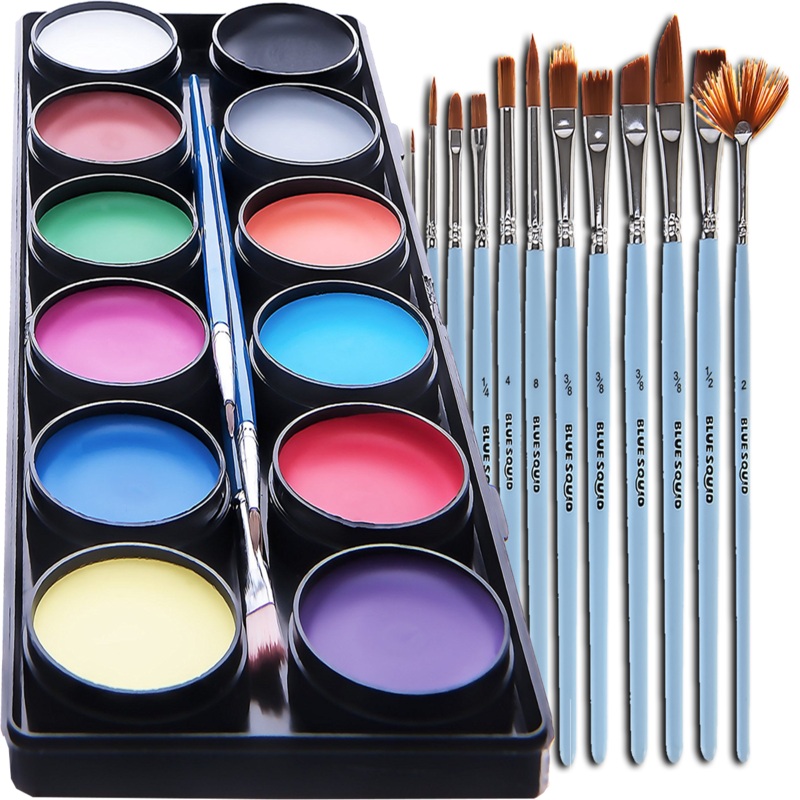 Blue Squid | KID’S Face Paint – 12 Color Classic Kit (12 X 10ml) + Art Brush Set