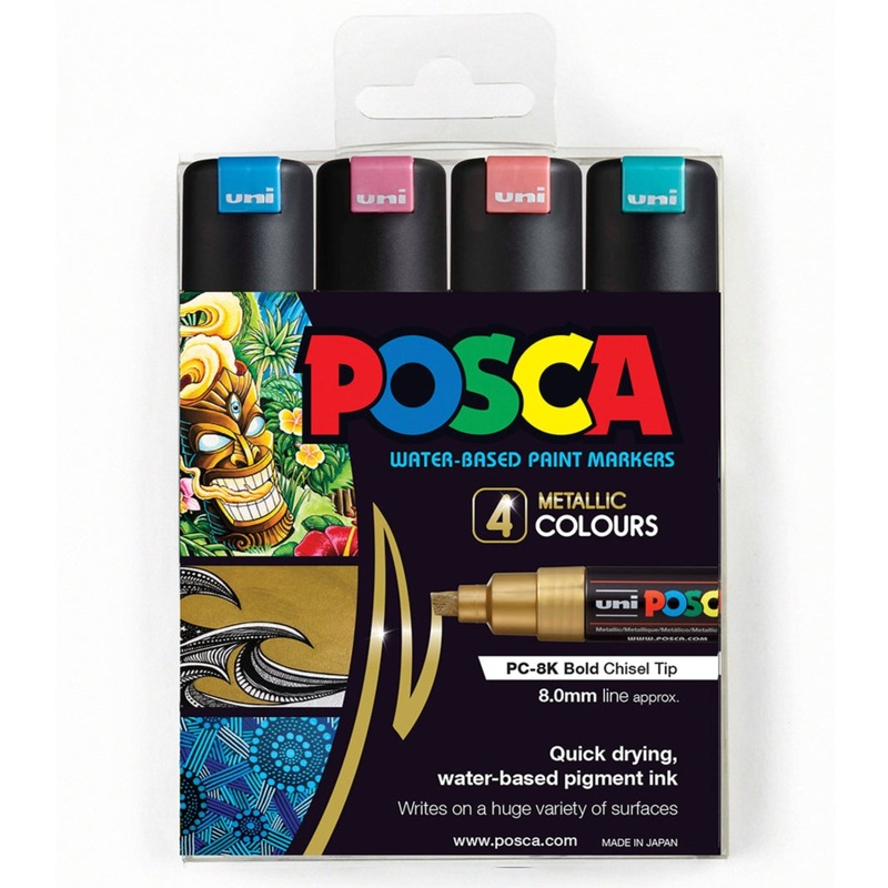 Uni Posca PC-8K 8.0mm Bold Chisel Tips Metallic Markers Set of 4