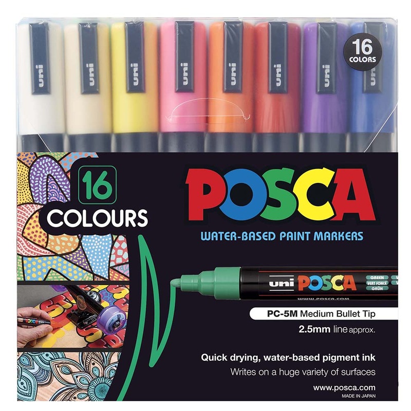 Uni Posca PC-5M 1.8-2.5mm Medium Bullet Tip Assorted Colour Markers Set of 16