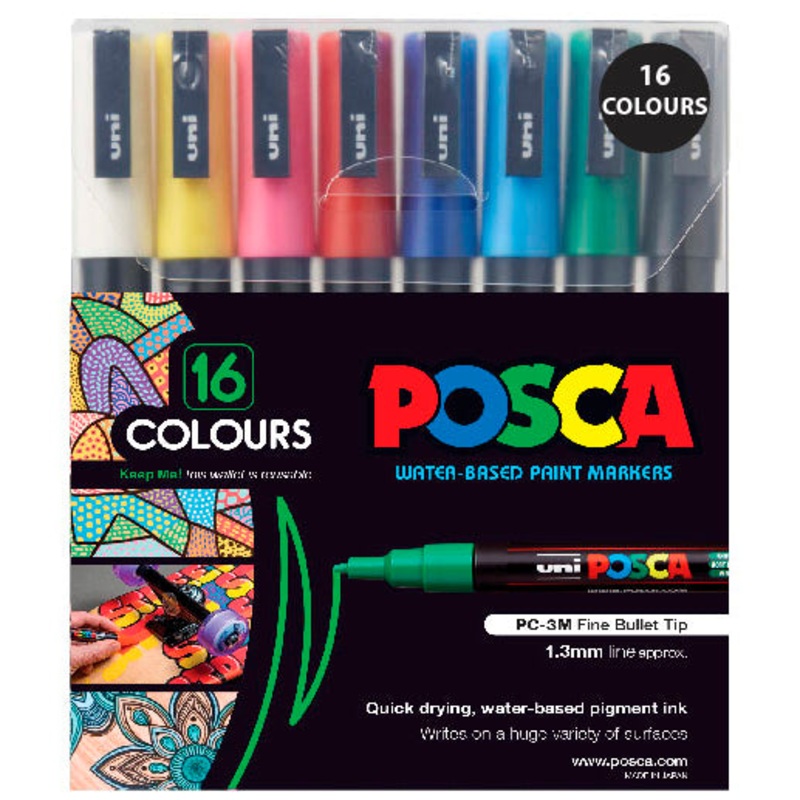 Uni Posca PC-3M 0.9-1.3mm Fine Assorted Markers Set Of 16