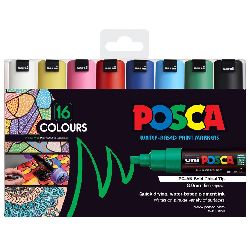 Uni Posca PC-8K 8.0mm Bold Chisel Assorted Markers Set Of 16