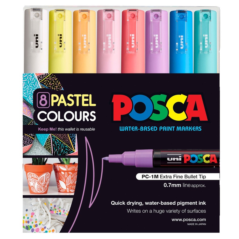 Uni Posca PC-1M 0.7mm Ultra-Fine Round Tip Pastel Colour Markers Set of 8