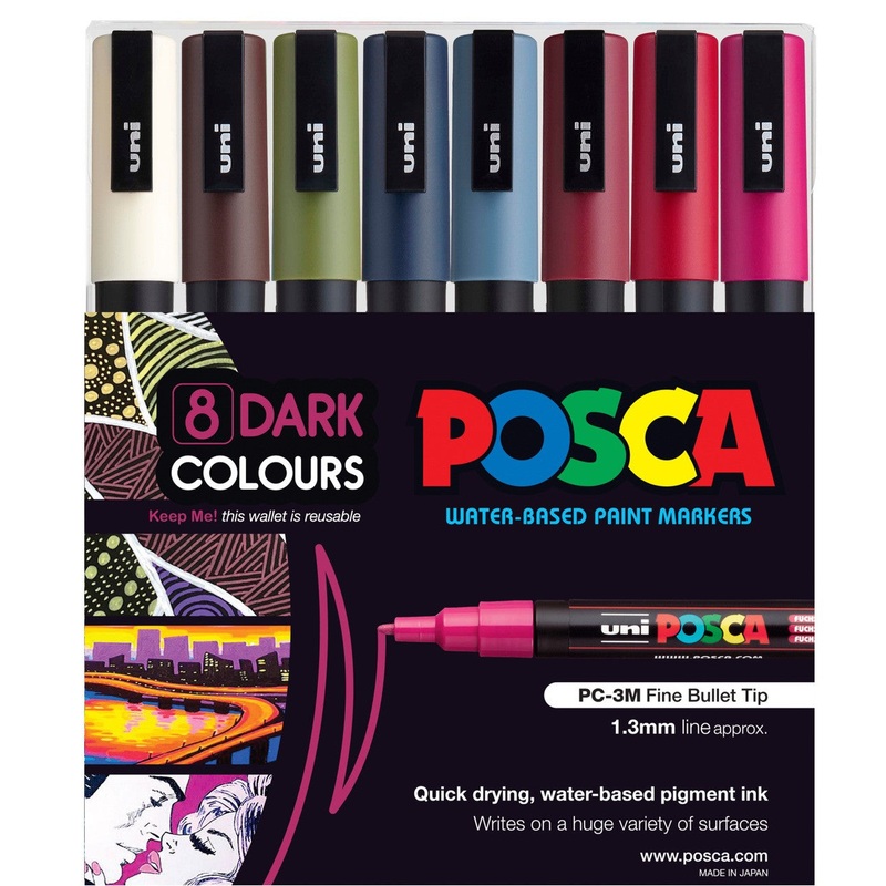 Uni Posca PC-3M 0.9-1.3mm Fine Dark Colour Markers Set of 8