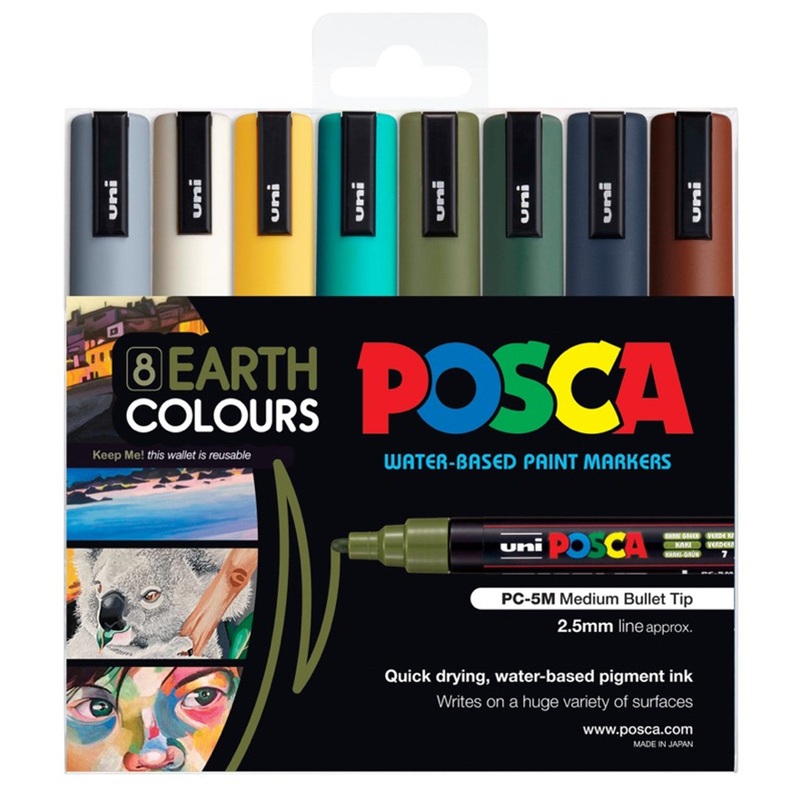 Uni Posca PC-5M 1.8-2.5mm Medium Bullet Earth Colour Markers Set of 8