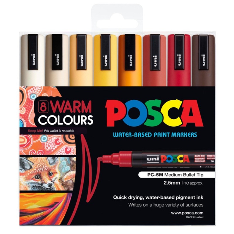Uni Posca PC-5M 1.8-2.5mm Medium Bullet Warm Colour Markers Set of 8